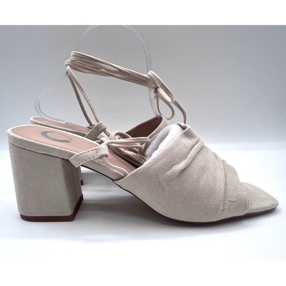 JOURNEE COLLECTION 'FELISITY' RUCHED ANKLE TIE BLOCK HEEL SANDAL LT.BEIGE 9M NEW - Picture 2 of 9